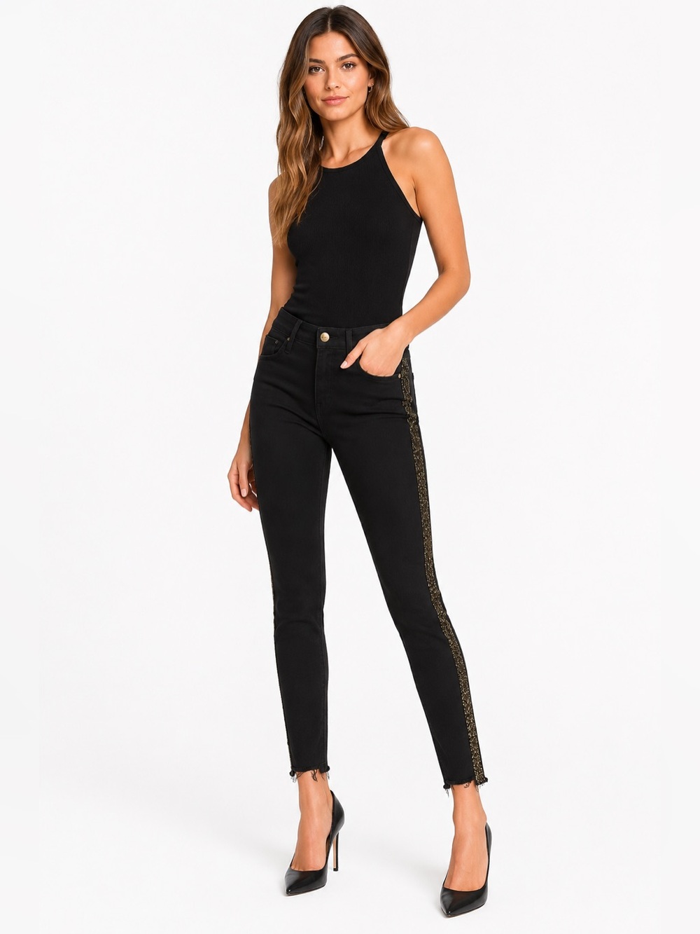 FRAME Le High Skinny Black Glitter Side Stripe Jeans Raw Hem Size 26